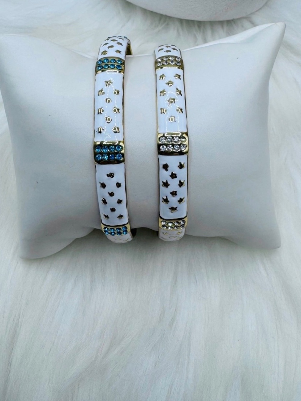 White Enamel Gold-Tone Cuff Bracelet Set– Blue & Clear Rhinestones